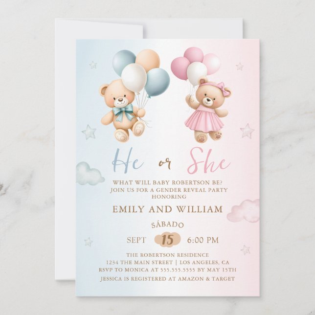 He or She Teddy Bear Gender Reveal Invitation Inbjudningar (Framsida)