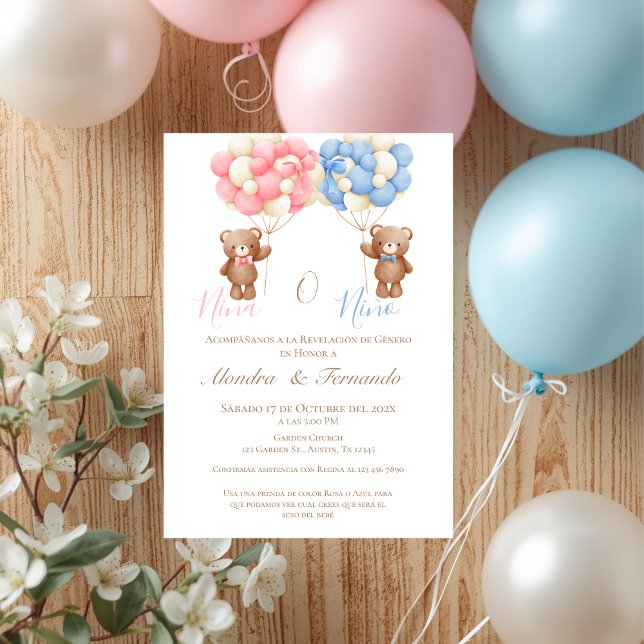 He or She Teddy Bear with Balloons Gender Reveal I Inbjudningar (Skapare uppladdad)