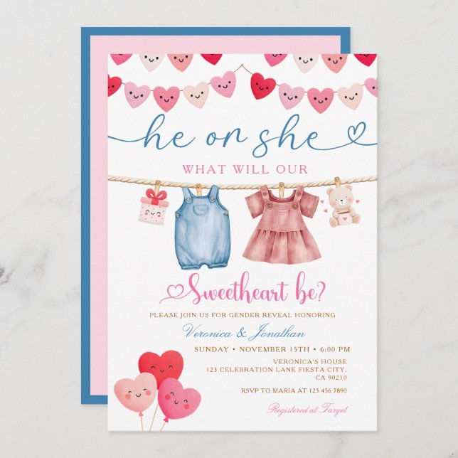 He or She Valentine Gender Reveal Clothesline  Inbjudningar (Fram/baksida)