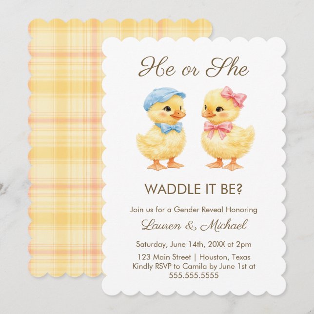He or She WADDLE IT BE? Gender Reveal Invitation Inbjudningar (Fram/baksida)