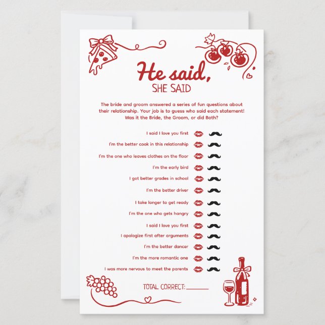 He Said She Said Amore Wedding Party Activity Card (Framsida)