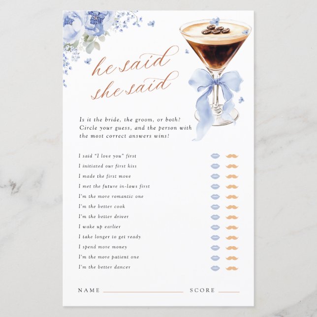 He Said She Said Blue Bow Bridal Shower Game (Framsida)