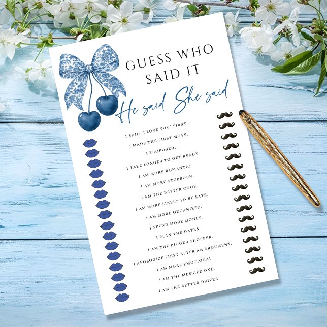 He said She said Blue Bow Bridal Shower Game (Skapare uppladdad)