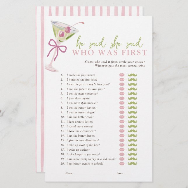 He Said She Said Chic Martini Bridal Game (Fram/baksida)