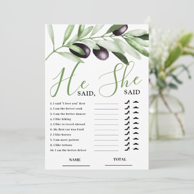 He said She Said Olive Branch Bridal Shower Card Inbjudningar (Stående Fram)