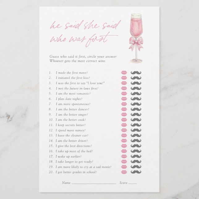He Said She Said Pink Bow Champagne Bridal Game (Framsida)