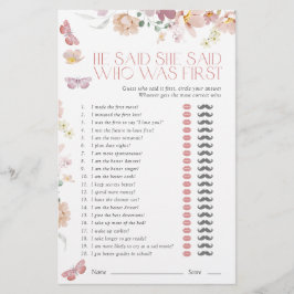 He Said She Said Pink Floral Bridal Shower Game