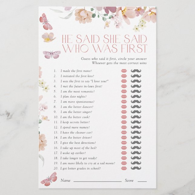 He Said She Said Pink Floral Bridal Shower Game (Framsida)
