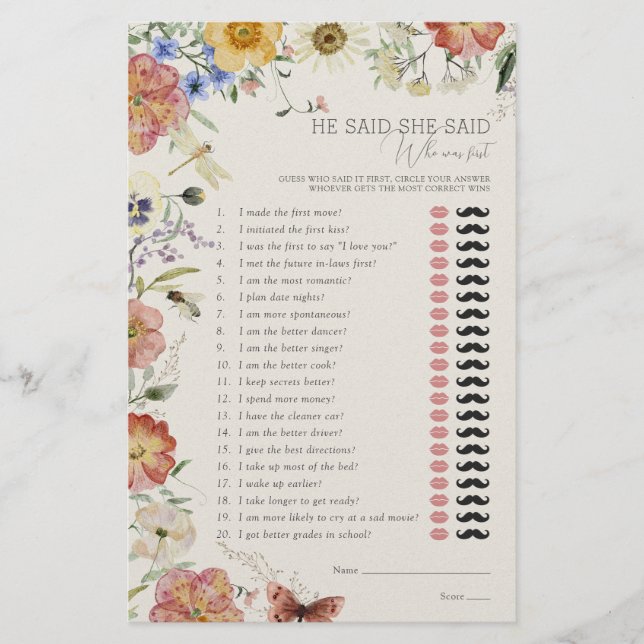 He Said She Said Pressed Wildflower Shower Game (Framsida)