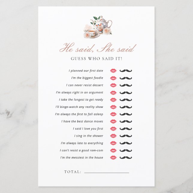 He Said She Said Tea Party Bridal Shower Game (Framsida)