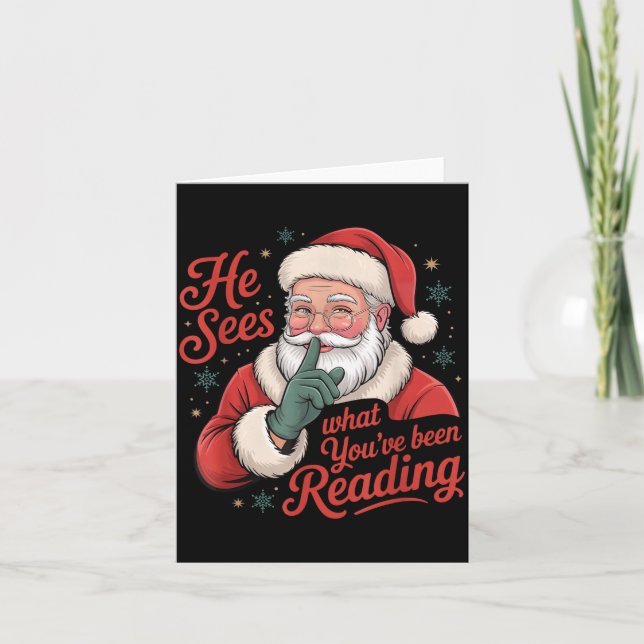 He Sees What You've Been Reading, Retro Santa Chri Kort (Framsida)