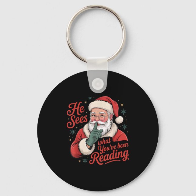 He Sees What You've Been Reading, Retro Santa Chri Nyckelring (Framsida)