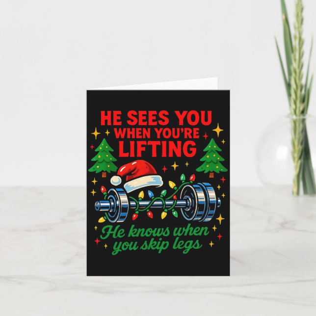 He Sees You Lifting Funny Skip Legs Christmas Tee  Kort (Framsida)