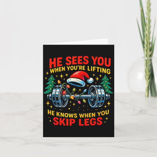 He Sees You Lifting Funny Skip Legs Christmas Tee  Kort (Framsida)