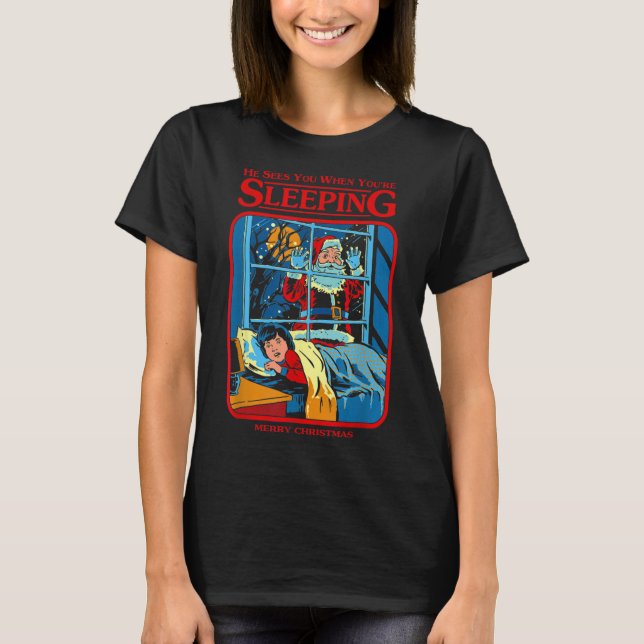 He Sees You When You're Sleeping Merry Christmas  T Shirt (Framsida)