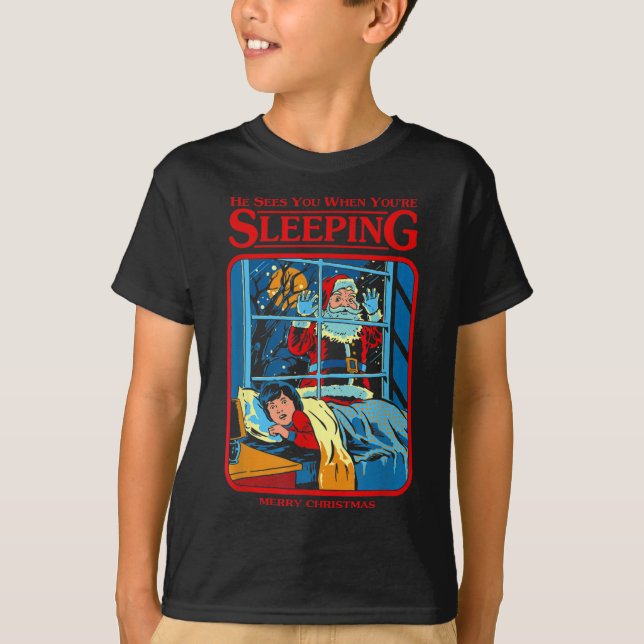 He Sees You When You're Sleeping Merry Christmas  T Shirt (Framsida)