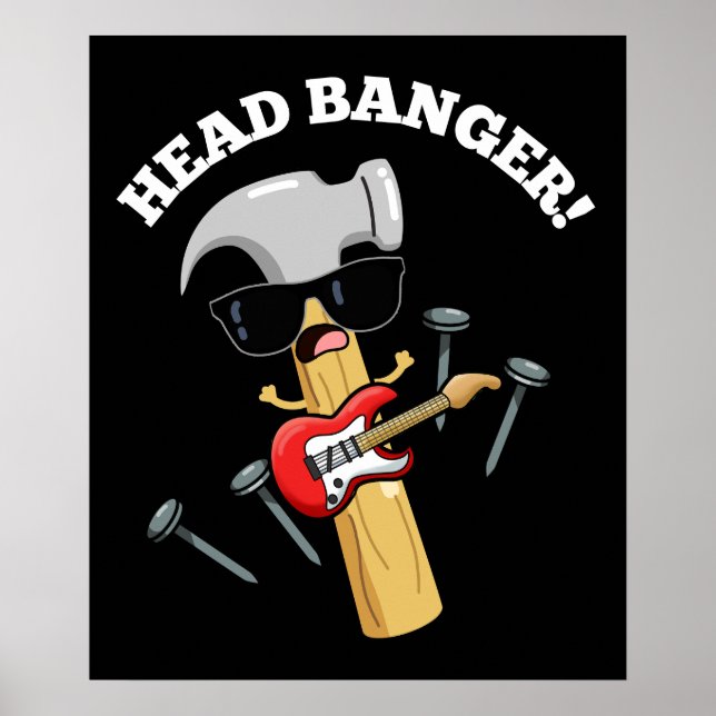 Head Banger Funny Music Puns Mörk BG Poster (Framsidan)