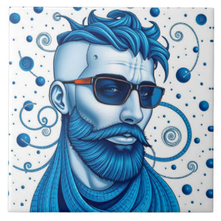 Head Of Bearded Blue Alien With Glasses Sci-Fi Art Kakelplatta