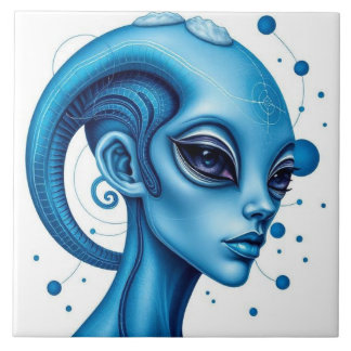 Head Of Blue Alien Closeup Sci-Fi Art Kakelplatta