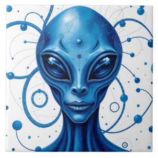 Head Of Blue Alien Closeup Sci-Fi Art Kakelplatta