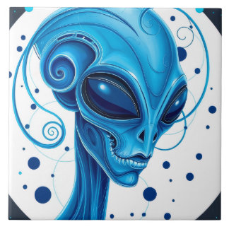 Head Of Blue Alien Closeup Sci-Fi Art Kakelplatta