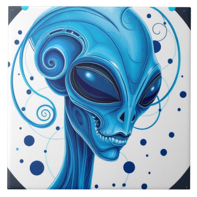 Head Of Blue Alien Closeup Sci-Fi Art Kakelplatta (Framsidan)