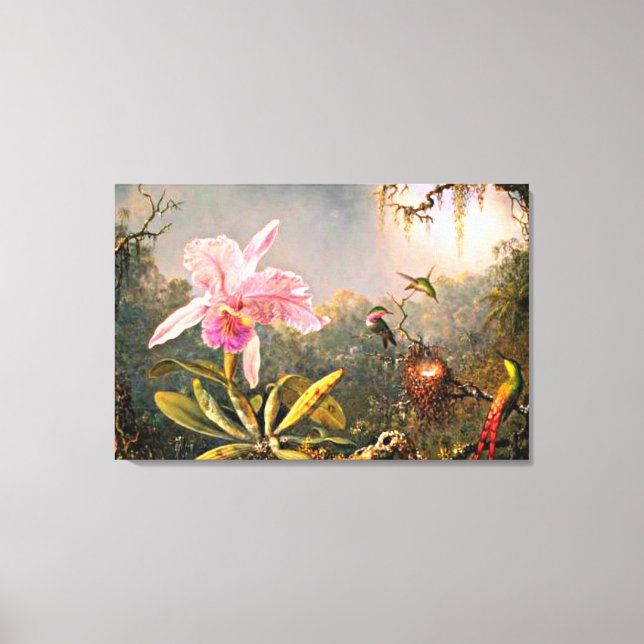 Heade - Cattleya Orchid och tre Hummingbird Canvastryck (Framsida)