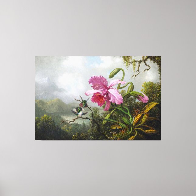HEADE Orchid och Hummingbird nära berget Sjö Canvastryck (Framsida)