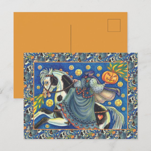 HEADLESS HORSEWOMAN, SIDESADDLE ON HALLOWEEN PINTO HELG VYKORT (Fram/baksida)