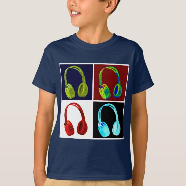 Headphone Pop Art Navy Färg T-Shirt (Framsida)