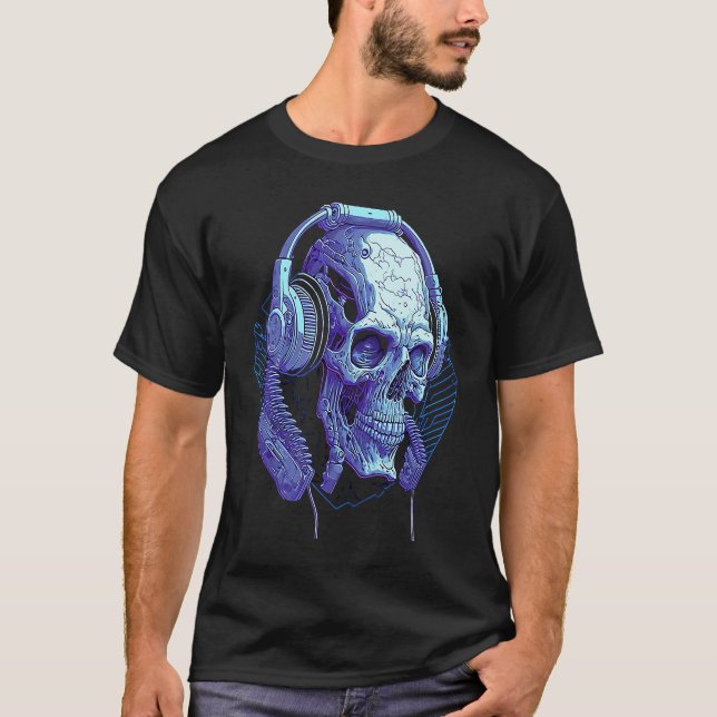 Headphone Skull DJ Halloween Creepy T Shirt (Framsida)