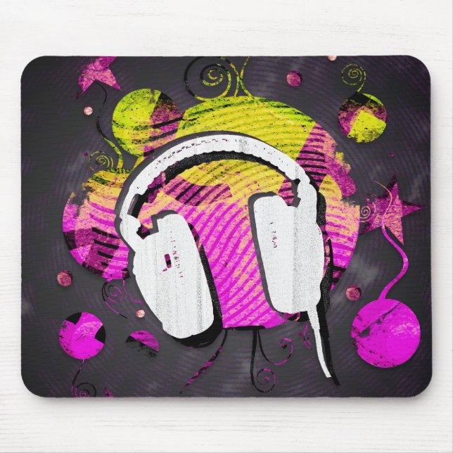Headphonedesign i rosa- och gultbakgrund musmatta (Framsidan)