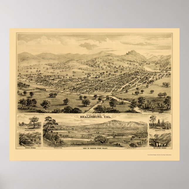 Healdsburg, CA Panoramic Karta - 1876 Poster (Framsidan)