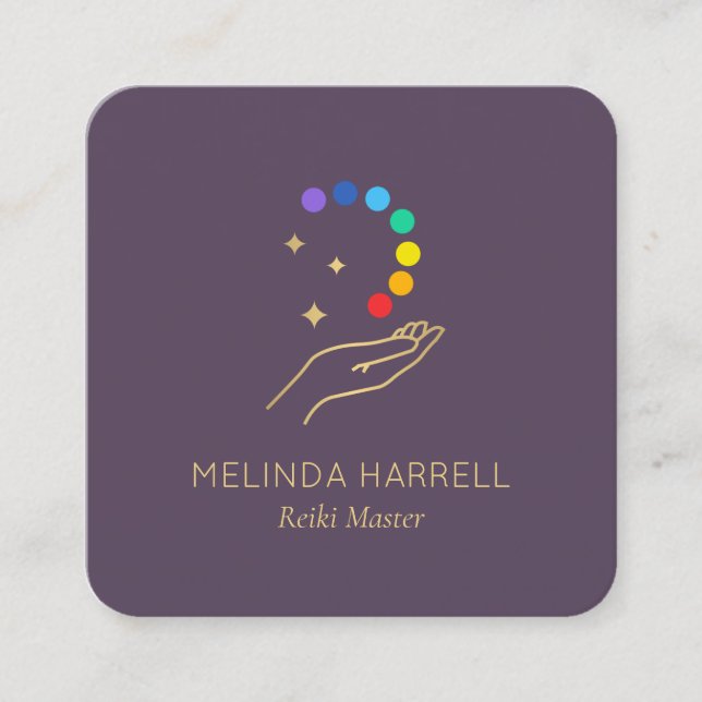 Healing Hand Logotyp Reiki, Massage, Hälsa Lila Fyrkantigt Visitkort (Framsida)