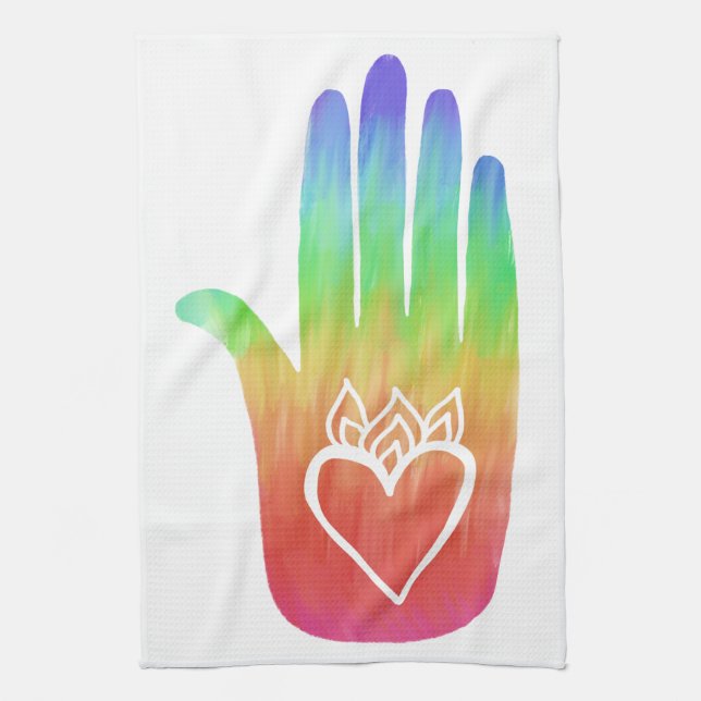 Healing Händer Hamsa Hearts Handflatan Rainbow Kökshandduk (Vertikal)