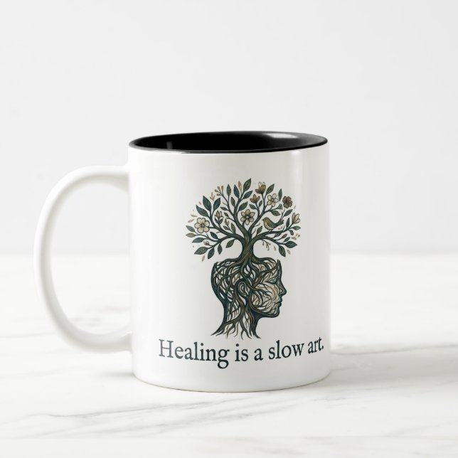 Healing is a Slow Art" Mindful Tree Roots Mug Två-Tonad Mugg (Vänster)