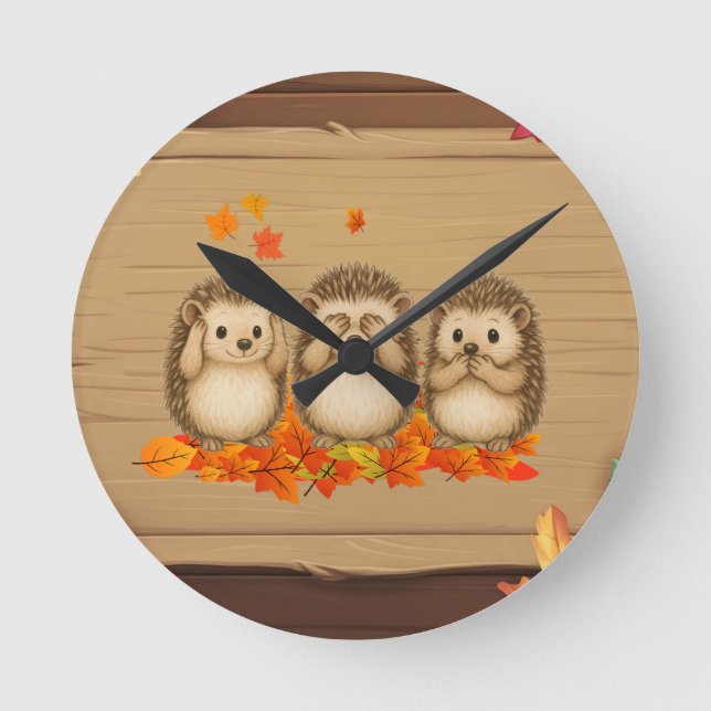 hear, see and speak no evil Hedgehogs leafs Rund Klocka (Framsida)