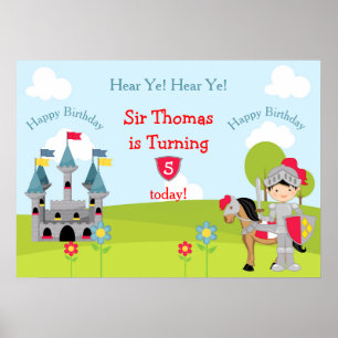 Hear Ye Black Hair Knight Horse & Castle Birthday Poster