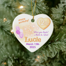 Heart 12:e Birthday Girl Daughlilalac & guld Julgransprydnad Keramik