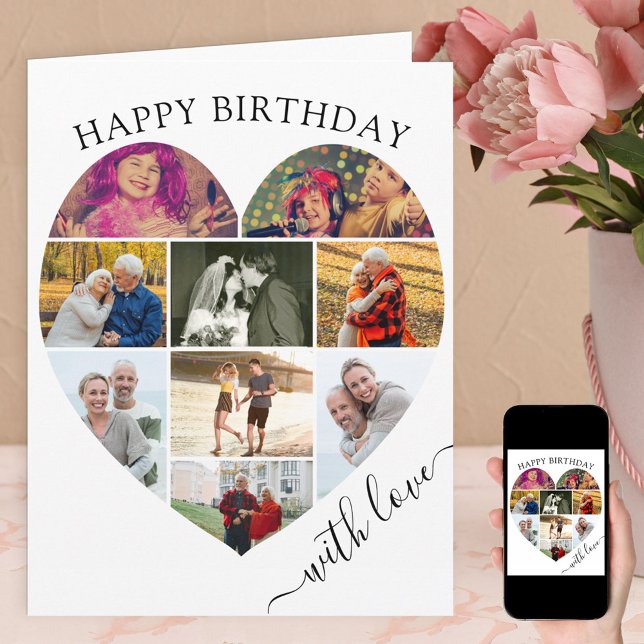 Heart 9 Photo Collage med Kärlek Script Birthday Kort (Skapare uppladdad)