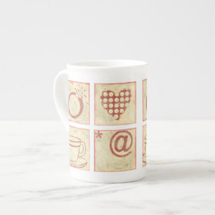 Heart and Ring Woodblock Teckning Benporslin Mugg