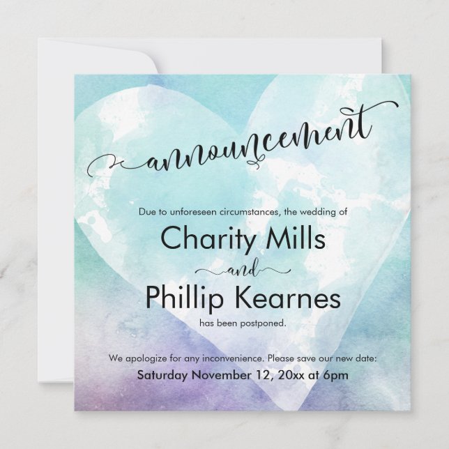 Heart Aqua Lila Postponed Bröllop Announcement (Framsida)