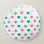 Heart Balloons Green Pink Star Pattern Cute Rund Kudde<br><div class="desc">Cute romantic pattern. Customize name.</div>