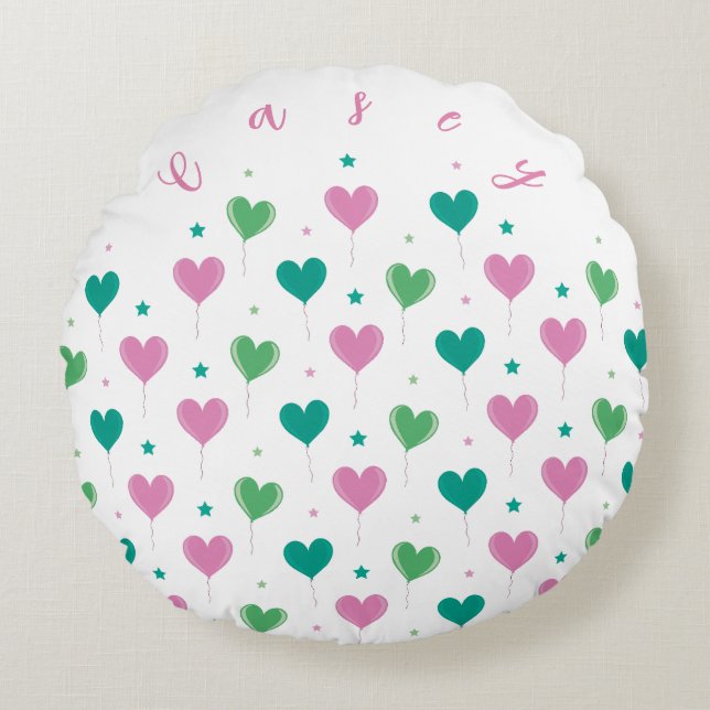 Heart Balloons Green Pink Star Pattern Cute Rund Kudde (Framsidan)