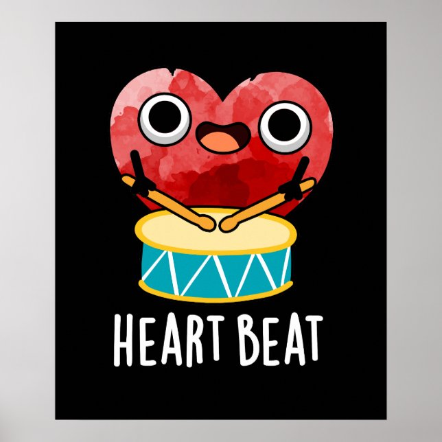 Heart Beat Funny Heart Drummer Pun Mörk BG Poster (Framsidan)