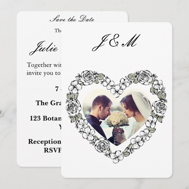 Heart Black and White Photo Wedding Invitation Julkort (Fram/baksida)