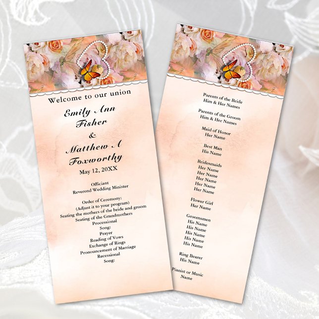 Heart Blommigt Ro Butterfly Pearls Bröllopsprogram Program (Heart Floral Rose Butterfly Pearls Wedding Program)