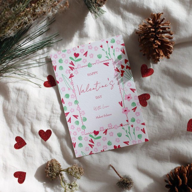 Heart Bloom Meadow on White – Pink & Red Valentine Julkort (Skapare uppladdad)