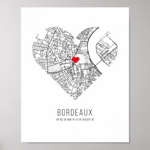 Heart Bordeaux City Karta (Frankrike) Poster
