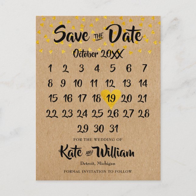 Heart Calendar Rustic Boho Photo Save Date Meddelande Vykort (Framsida)
